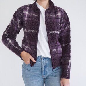 Vintage Dress Barn Lavender Purple Plaid 39% Mohair Zip Up Sweater Cardigan M